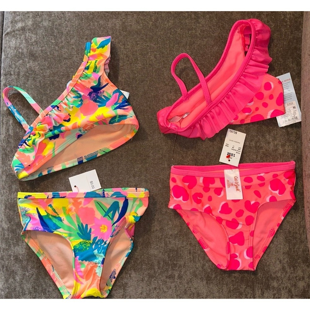 Cat & Jack Toddler Girls 18M Bikini Swimsuit Bundle Pink Hearts Tropical Floral
